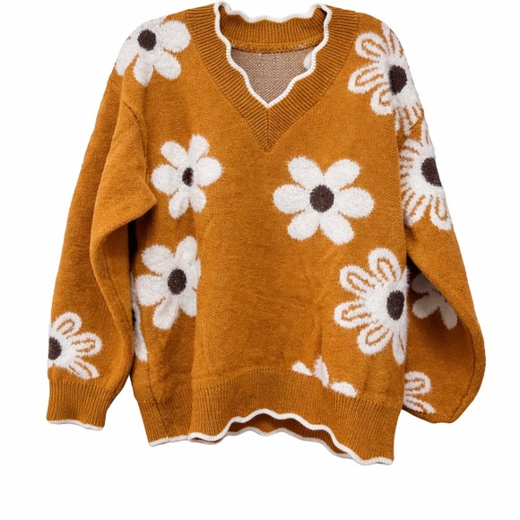 Sweaters - Floral Knit Sweater - Mustard and White